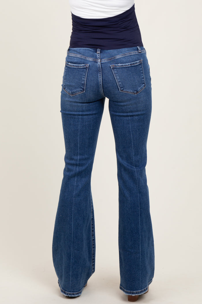 Navy Blue Distressed Maternity Flare Jeans