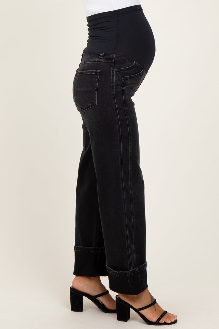 Black Cuffed Relaxed Wide Leg Maternity Jeans