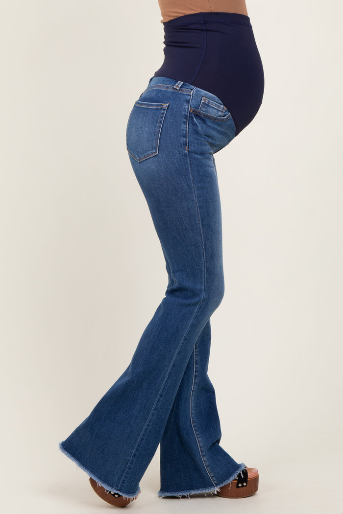 Navy Blue Fringe Hem Maternity Flare Jeans