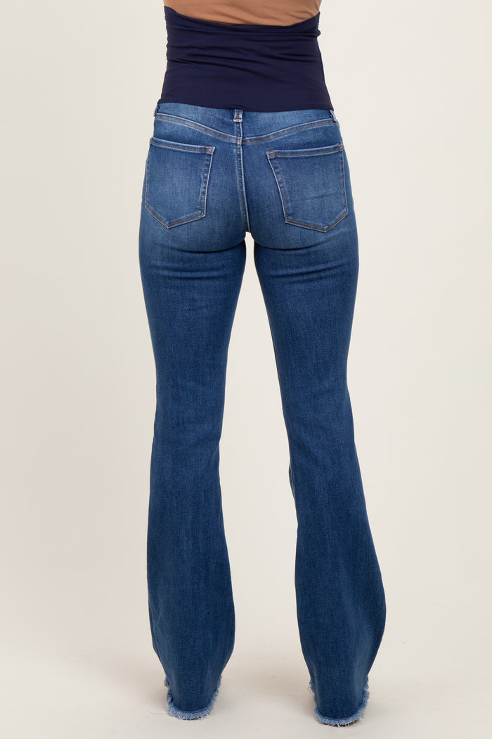 Navy Blue Fringe Hem Maternity Flare Jeans