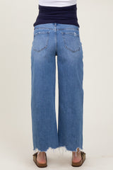 Blue Distressed Fringe Open Knee Cropped Wide Leg Maternity Jeans