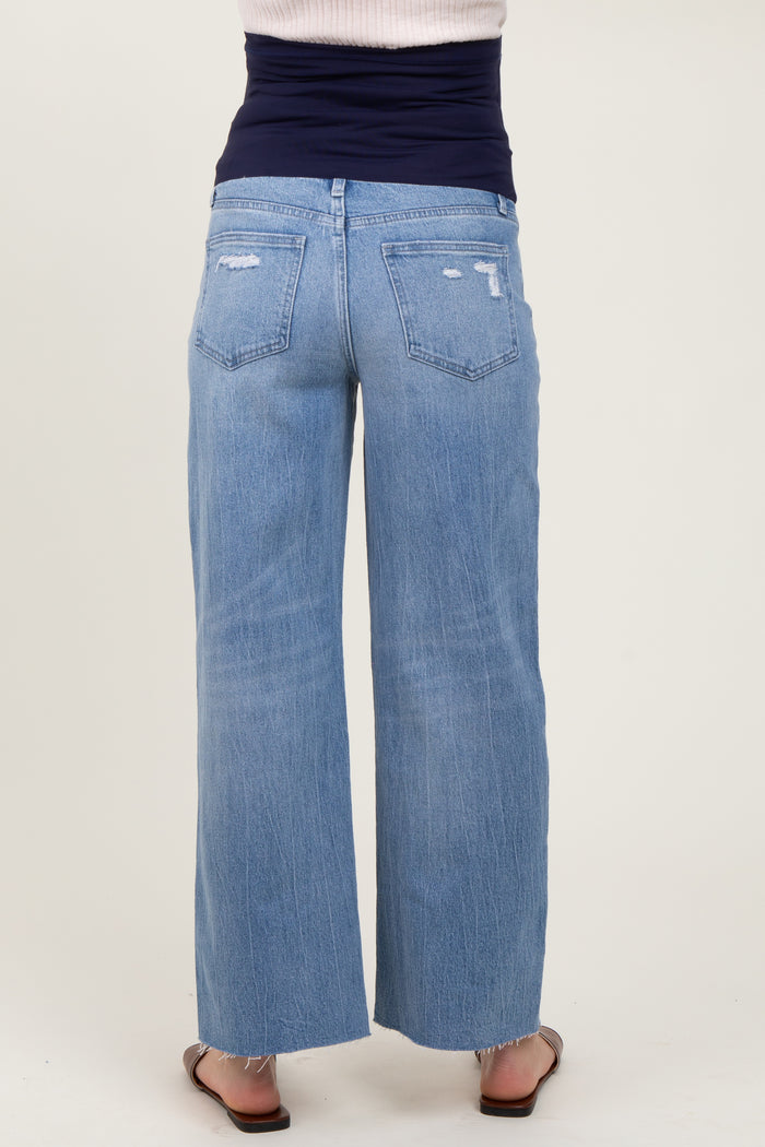 Blue Distressed Raw Hem Cropped Wide Leg Maternity Jeans