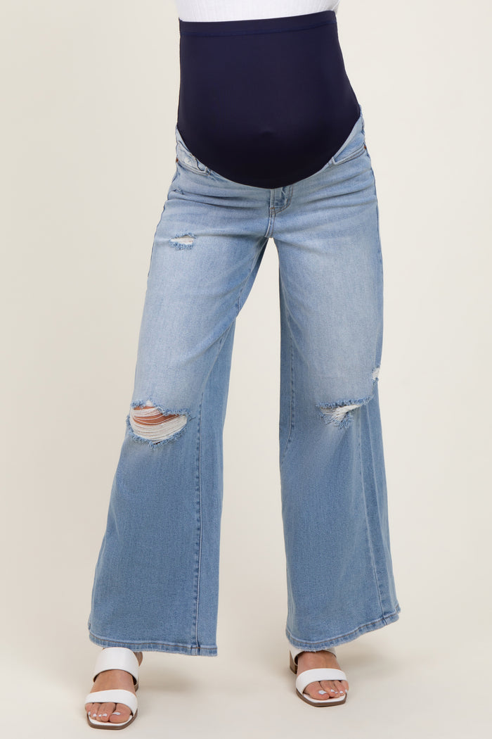 Light Blue Ripped Knee Baggy Wide Leg Maternity Jeans
