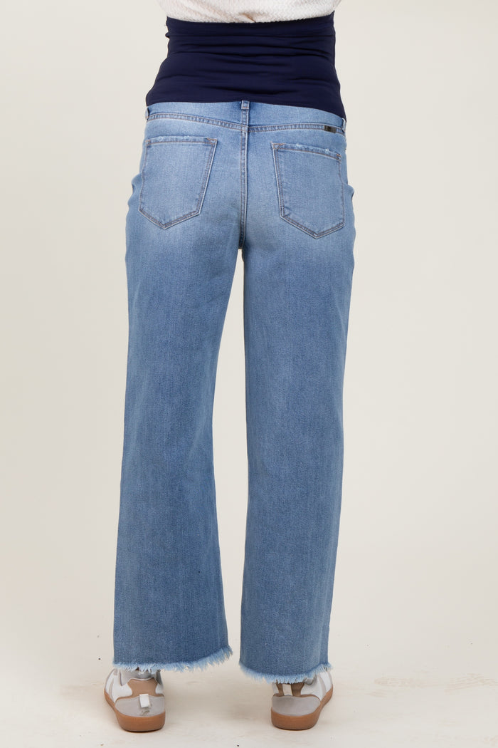 Blue Fringe Hem Wide Leg Maternity Ankle Jeans