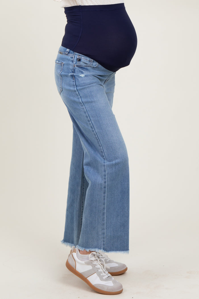 Blue Fringe Hem Wide Leg Maternity Ankle Jeans