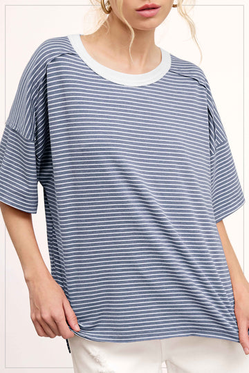 Light Navy Striped Drop Shoulder Short Sleeve Top