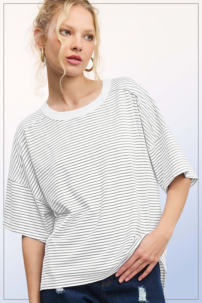 Heather Grey Striped Drop Shoulder Short Sleeve Maternity Top