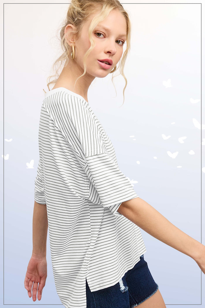 Heather Grey Striped Drop Shoulder Short Sleeve Top