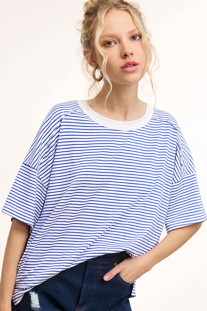 Royal Blue Striped Drop Shoulder Short Sleeve Maternity Top