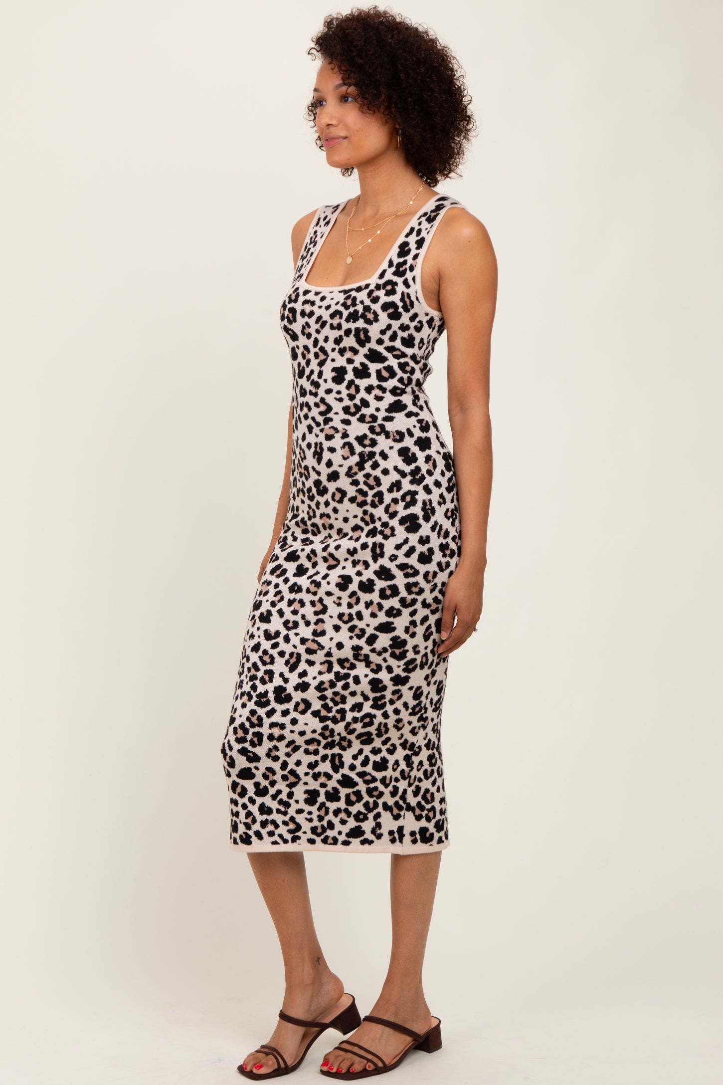 Multicolor Knit Sleeveless Leopard Print Midi Dress