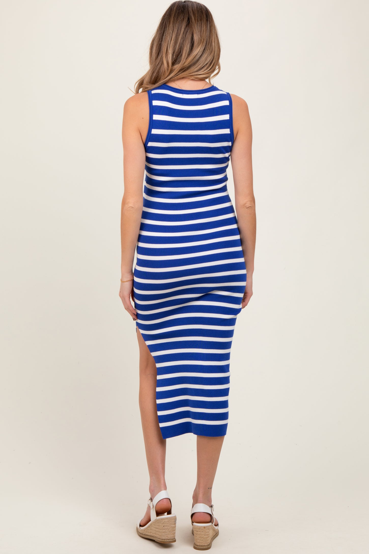 Royal Blue Striped Knit Sleeveless Side Slit Maternity Midi Dress