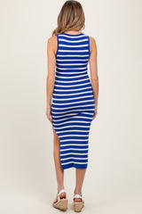 Royal Blue Striped Knit Sleeveless Side Slit Maternity Midi Dress