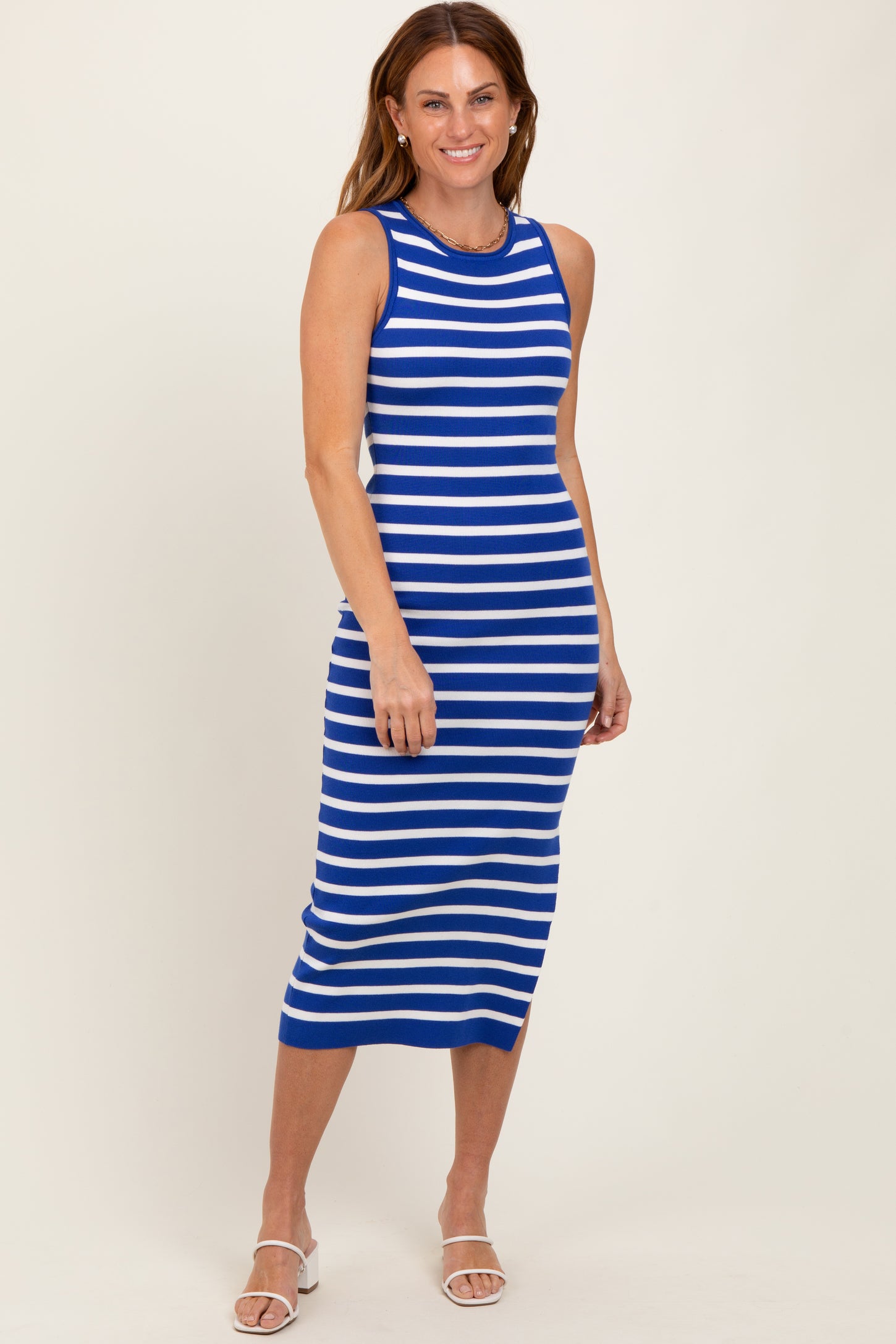 Royal Blue Striped Knit Sleeveless Side Slit Midi Dress