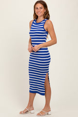 Royal Blue Striped Knit Sleeveless Side Slit Midi Dress