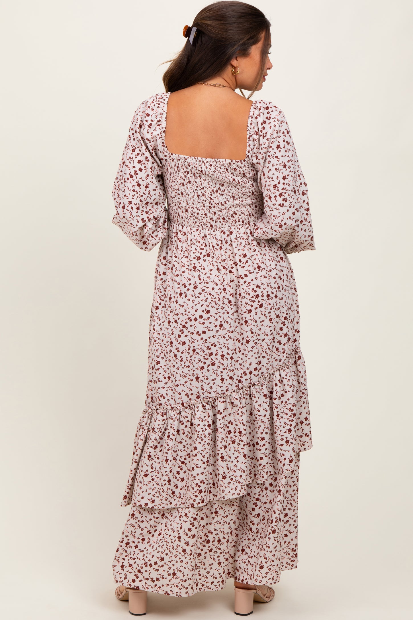 Cream Floral Asymmetrical Ruffle Hem Maternity Maxi Dress