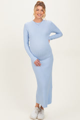 Light Blue Ribbed Knit Fitted Maternity Midi Sweater Dress