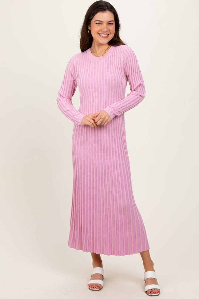 Pink Thick Ribbed Knit Maxi Sweater Dress