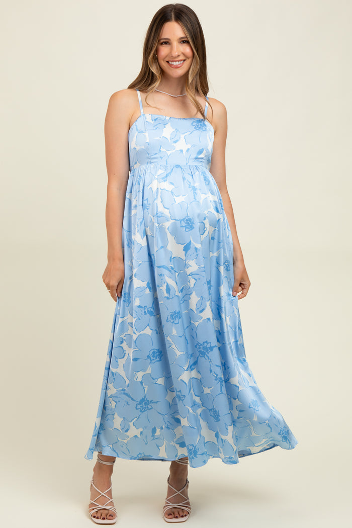 Light Blue Floral Sleeveless Maternity Maxi Dress