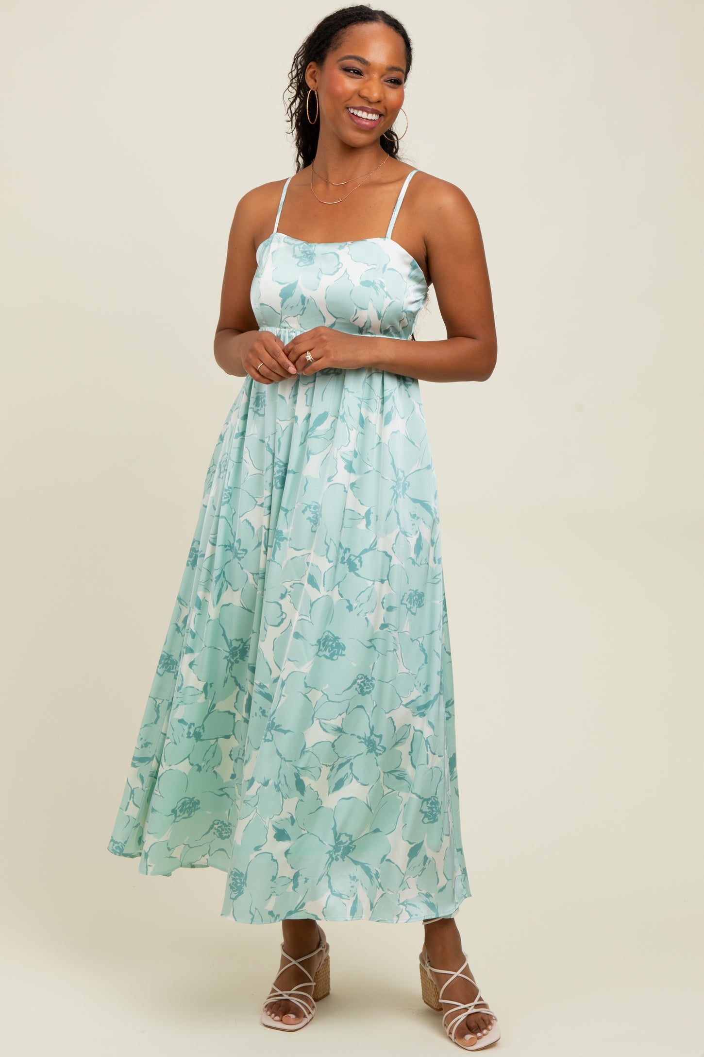 Sage Floral Sleeveless Maternity Maxi Dress