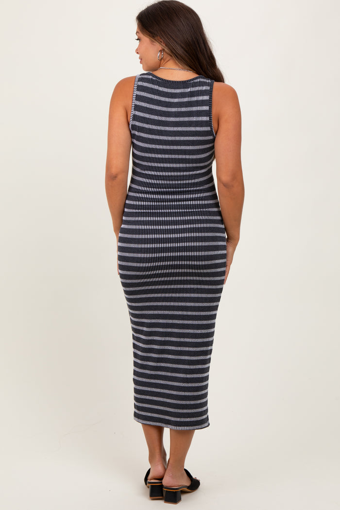 Charcoal Stripe Ribbed Sleeveless V Neck Maternity Maxi Dress