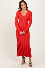 Red Wide Ribbed Knit Collared Midi Dress