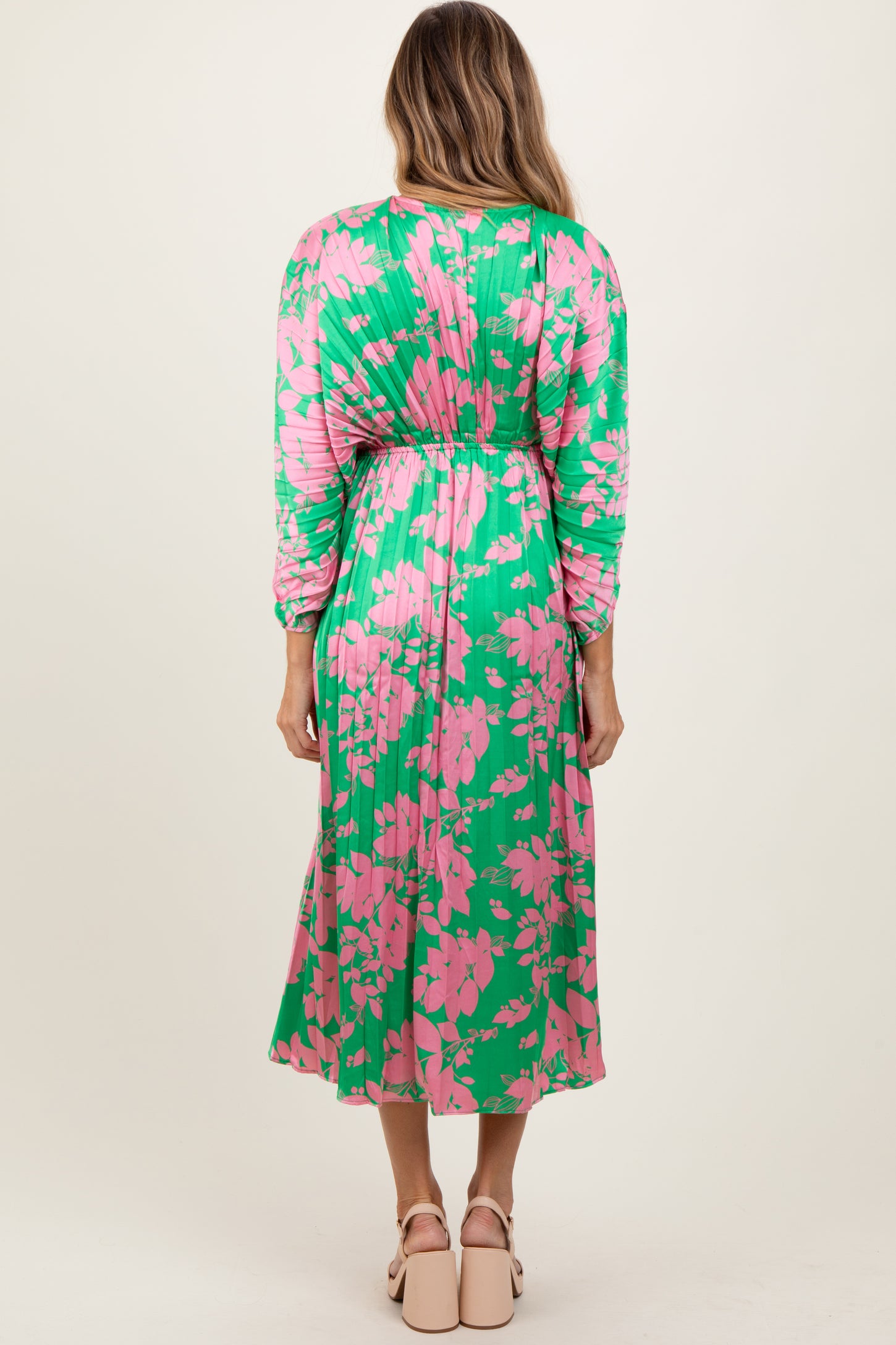 Green Floral Satin Pleated V-Neck Maxi Dress