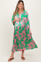 Green Floral Satin Pleated V-Neck Maternity Maxi Dress