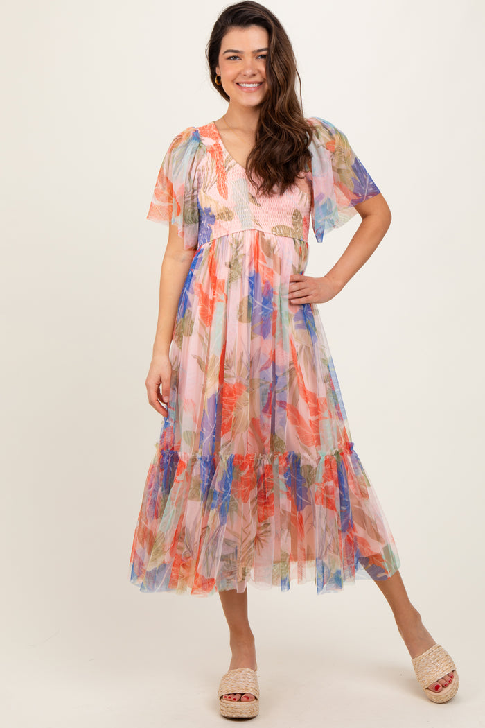 Peach Leaf Print Smocked Mesh Overlay Maternity Dress