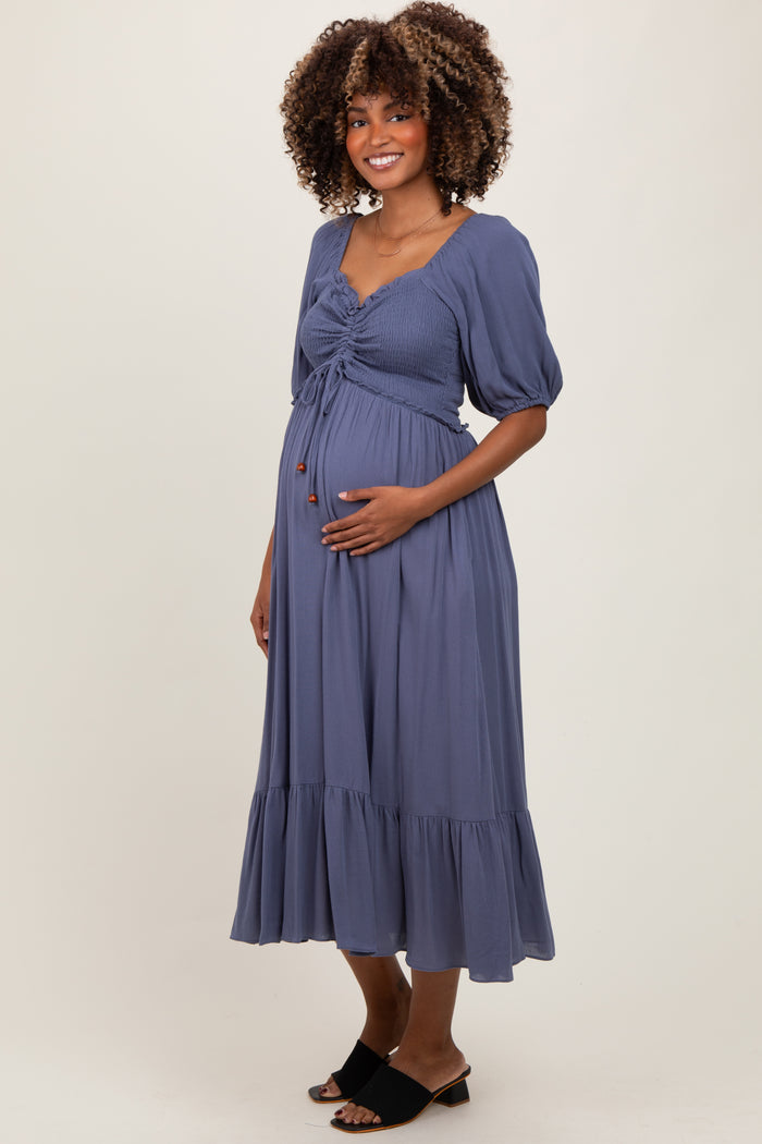 Blue Smocked Cinched Front Maternity Maxi Dress