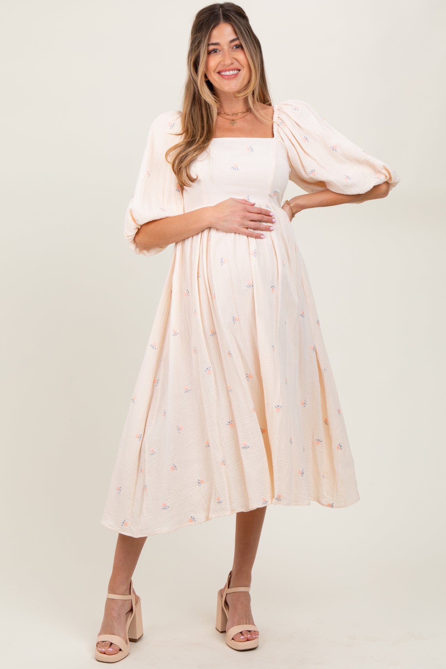 Cream Floral Maternity Midi Dress