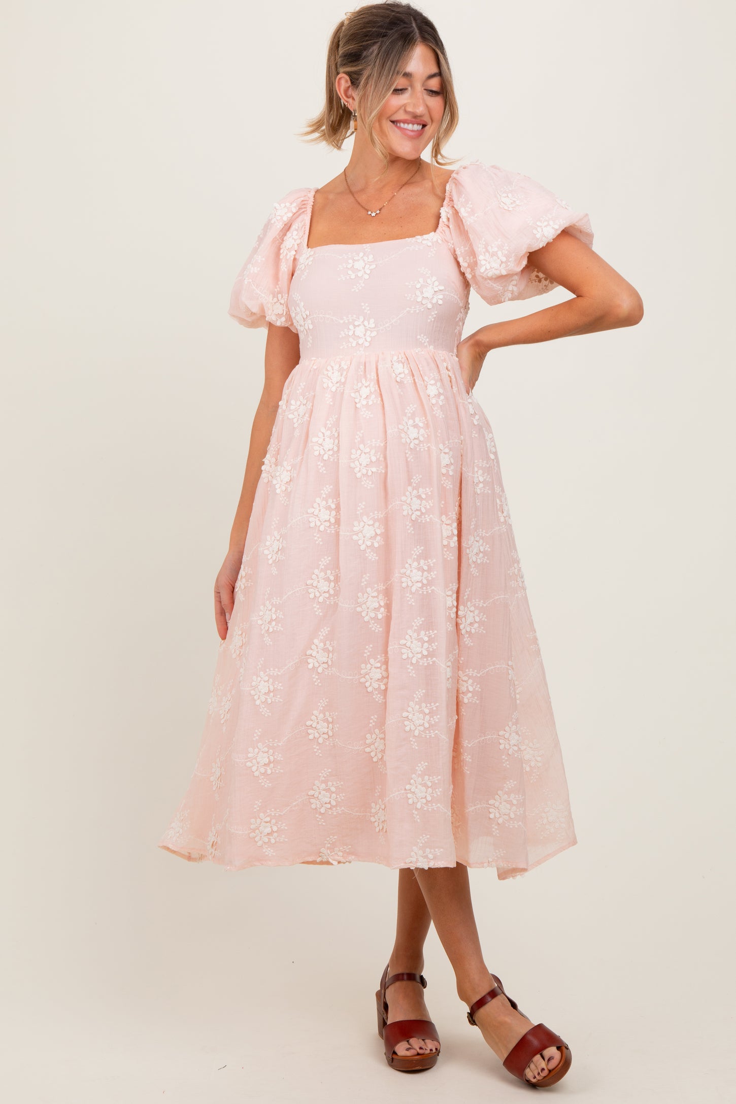 Pink Textured Maternity Midi Dress