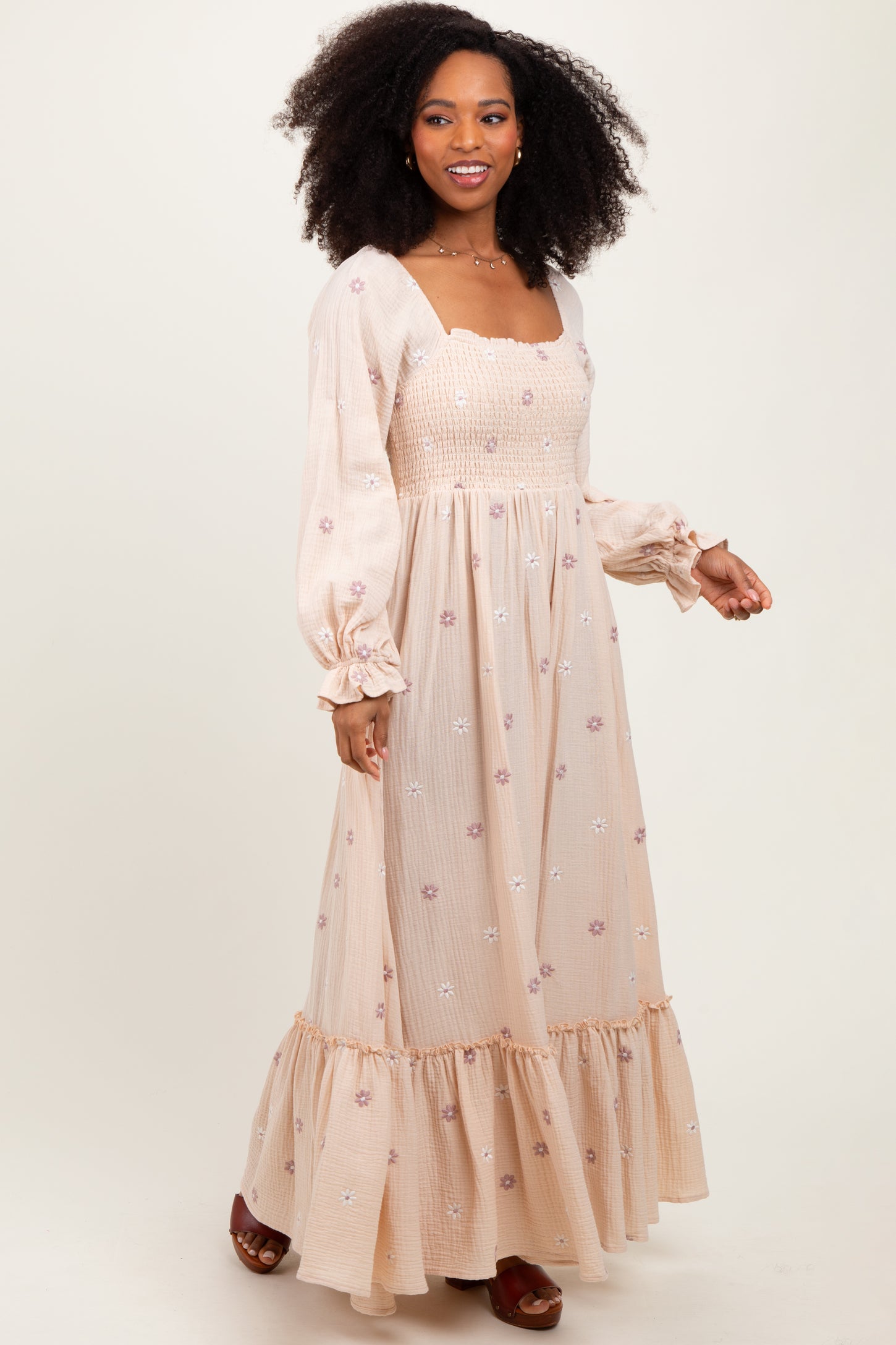 Cream Long Sleeve Floral Accent Dress