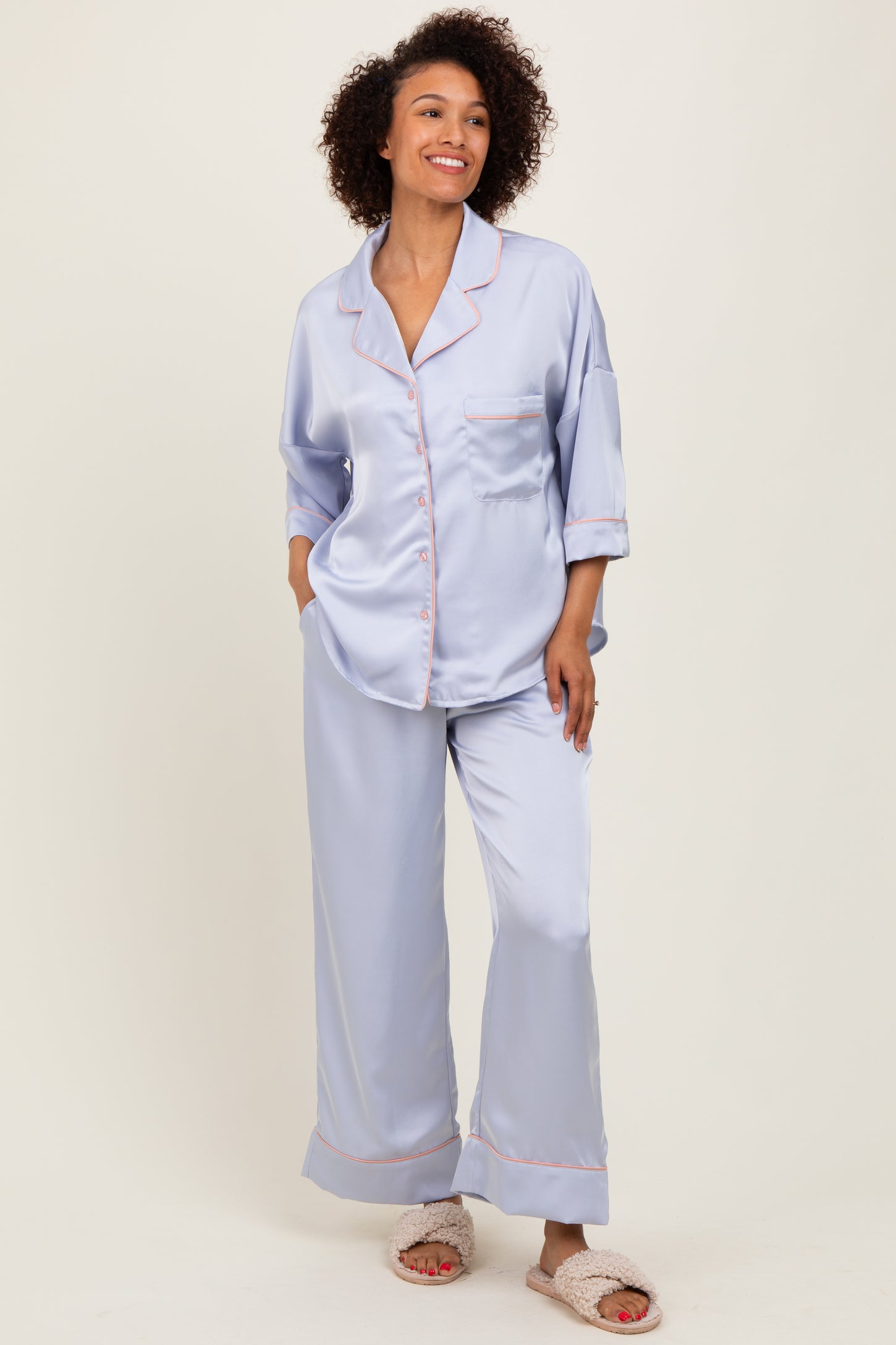 Light Blue Satin Contrast Trim Pajama Pant Set