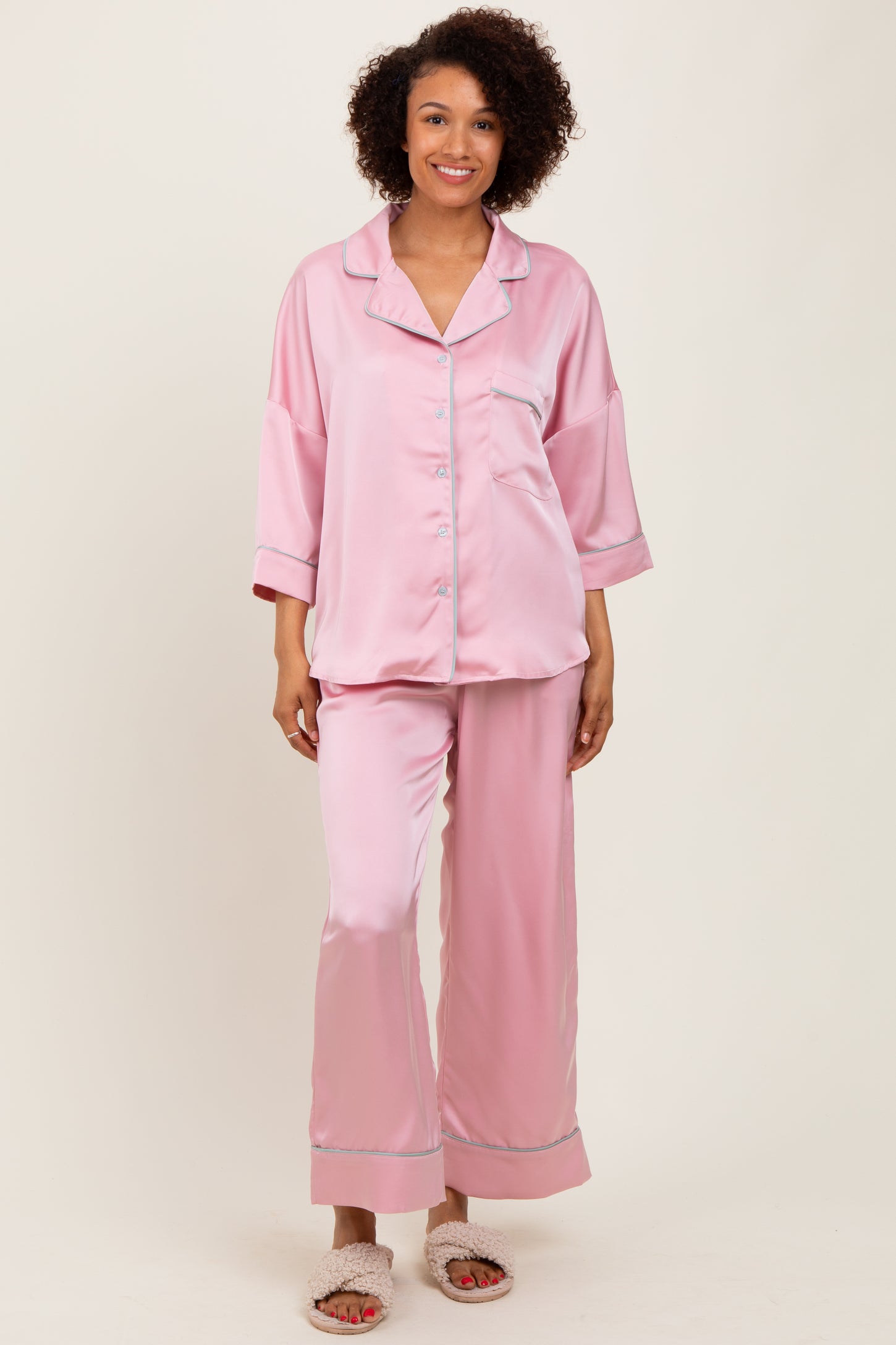 Pink Satin Contrast Trim Pajama Pant Set