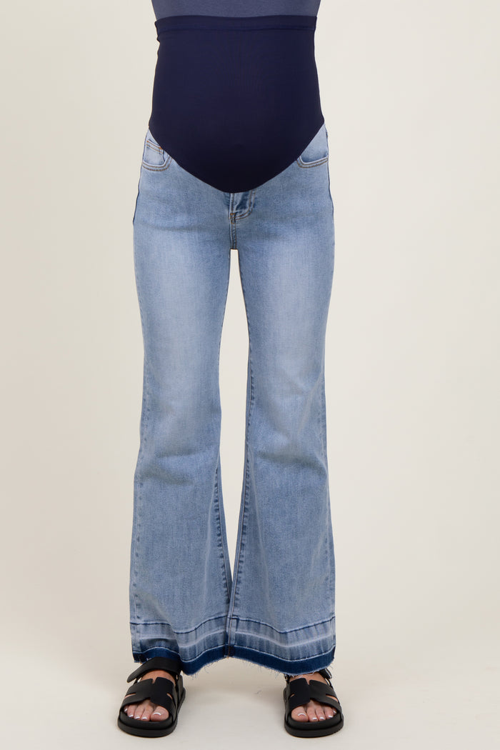 Light Blue Distressed Release Hem Flare Maternity Jeans