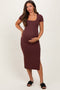 Brown Ribbed Short Sleeve Side Slit Maternity Midi Dress