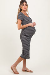 Black White Basic Stripe Rib Short Sleeve Maternity Dress
