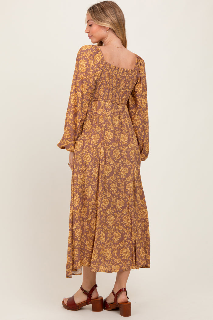 Camel Floral Long Sleeve Dress