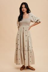 Taupe Gauze Smocked Embroidered Square Neck Maternity Midi Dress