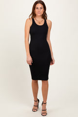 Black Ribbed Racer Back Sleeveless Midi Dress