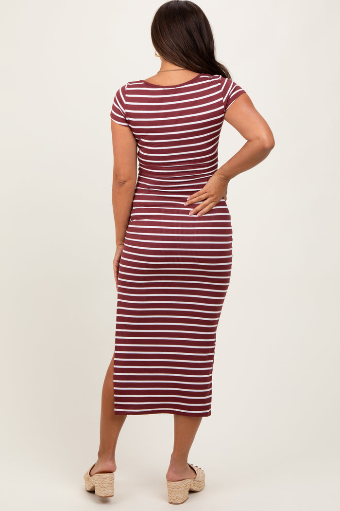 Burgundy Striped Short Sleeve Side Slit Maternity Maxi Dress