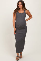 Black Striped Button Front Sleeveless Maternity Maxi Dress