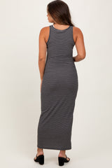 Black Striped Button Front Sleeveless Maternity Maxi Dress