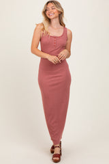 Burgundy Striped Button Front Sleeveless Maternity Maxi Dress