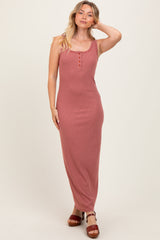 Burgundy Striped Button Front Sleeveless Maxi Dress
