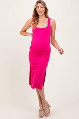 Fuchsia Ribbed Knit Low Back Maternity Midi Dress