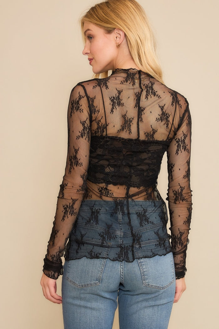 Black Mesh Lace High Neck Long Sleeve Top