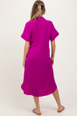 Fuchsia Button Down Front Pocket Maternity Midi Dress