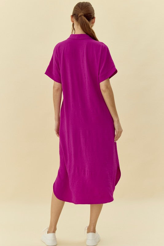 Fuchsia Button Down Front Pocket Midi Dress