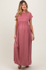 Mauve Short Sleeve Pocketed Maternity Maxi Dress